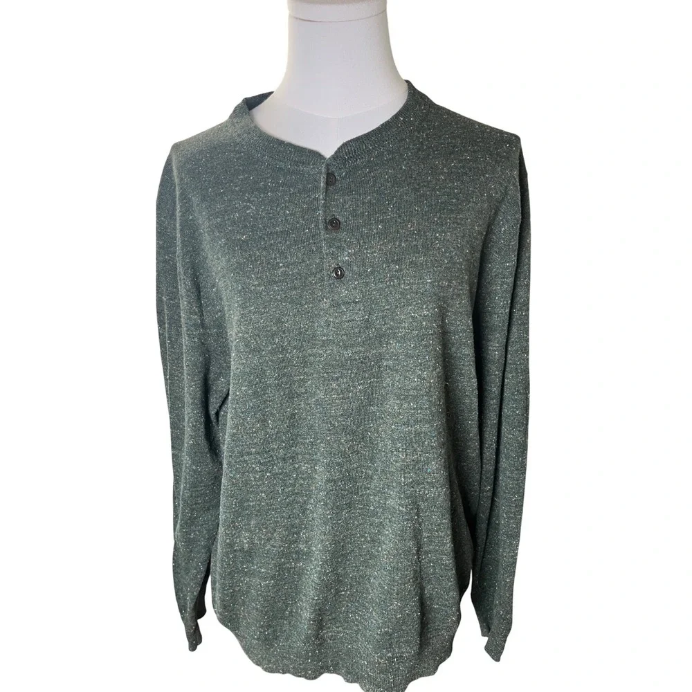 Heritage Green Flecked Henley Knit Sweater Cotton Silk‎ J.Crew Mens Medium